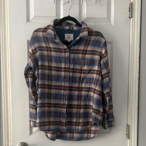 Blue and Orange Fleece Plaid Button-Up Shirt